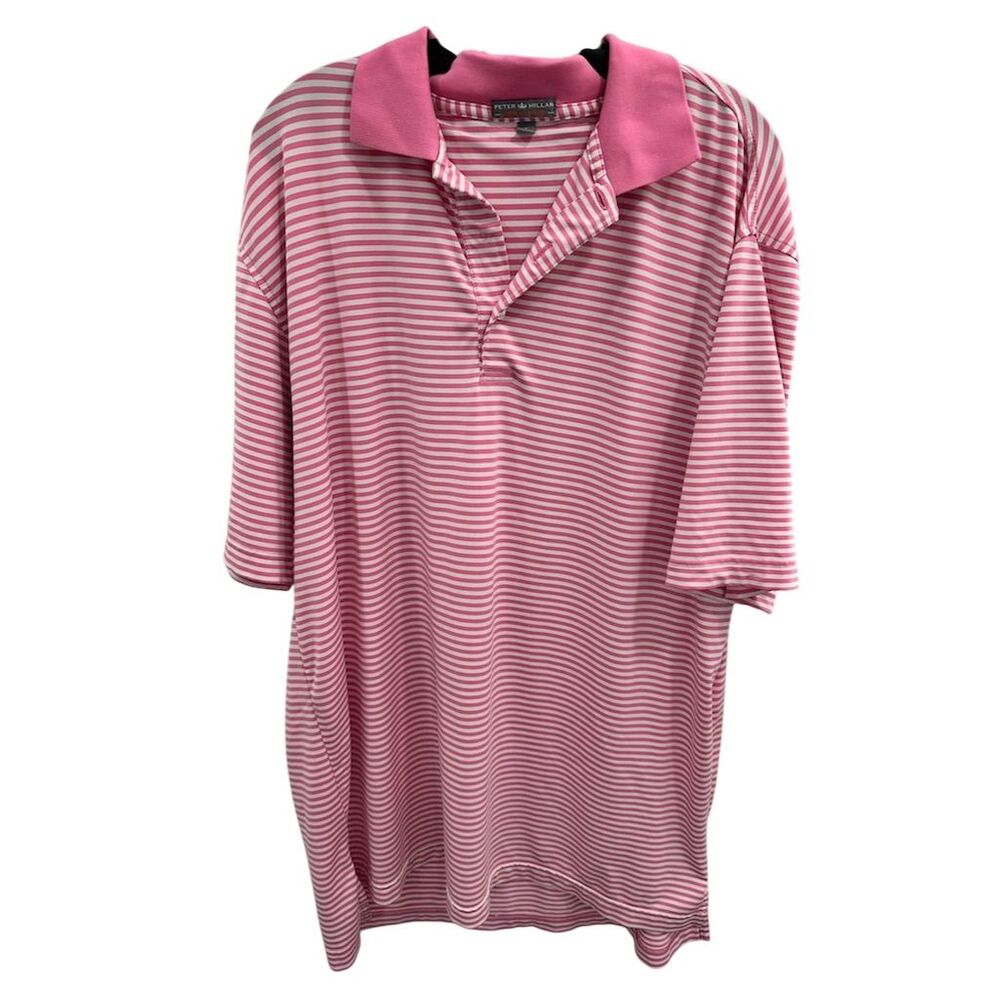 Peter Millar Men's L Pink & White Striped Short Sleeve Polo Shirt